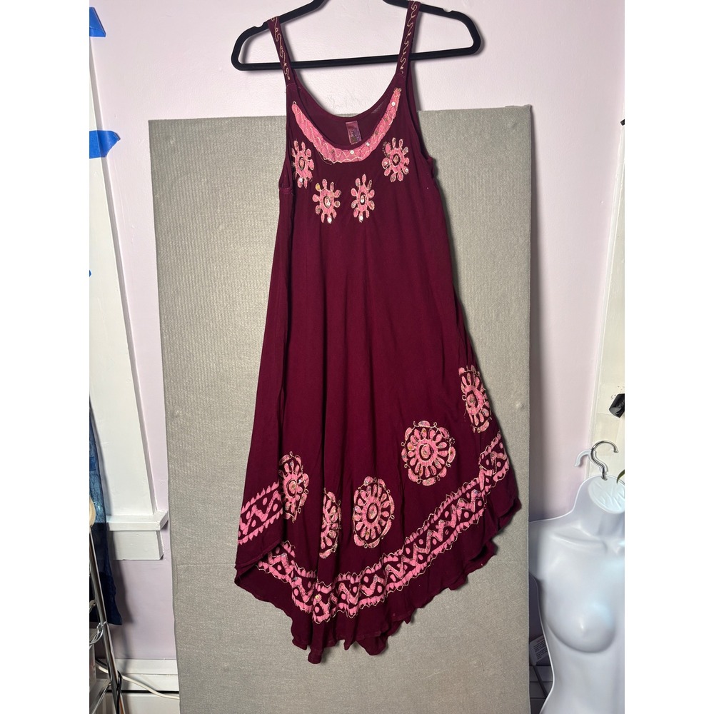 India Boutique Dress Free Size Burgundy Pink Embroidered Sequin Boho Hippie